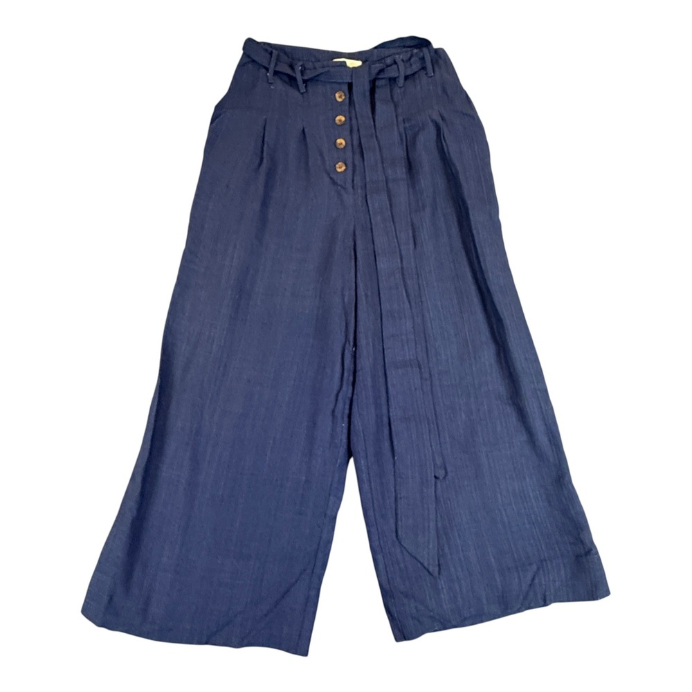 Lost + Wander Wide Leg Pants Womens Small Navy Blue Linen Blend Button Belted